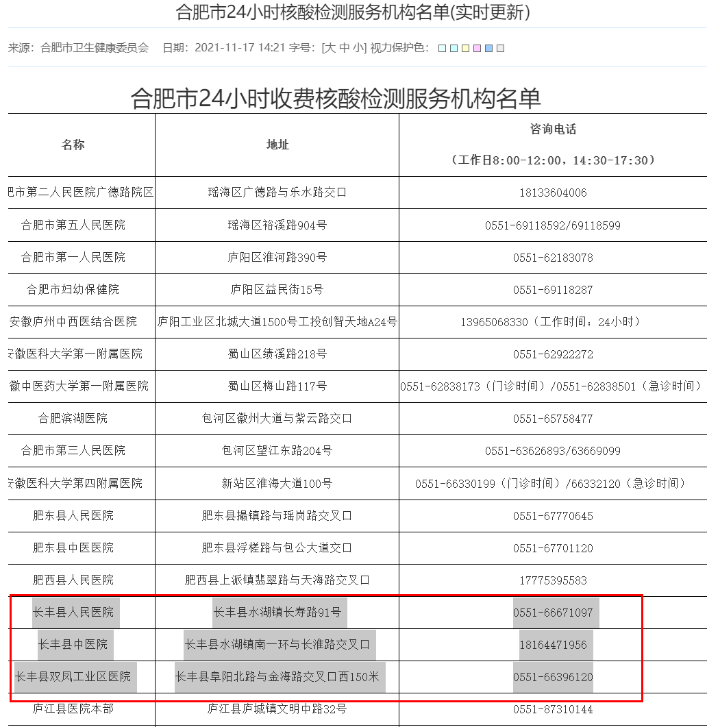 长丰县核酸检测定点医院 长丰县24小时核酸检测点有哪些