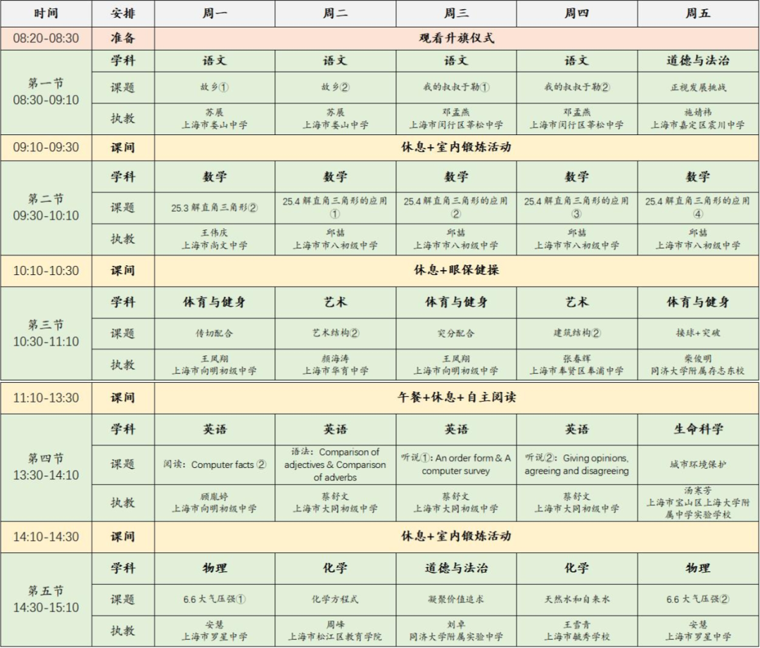 上海空中课堂频道表 10月31日-11月4日上海空中课堂课程表