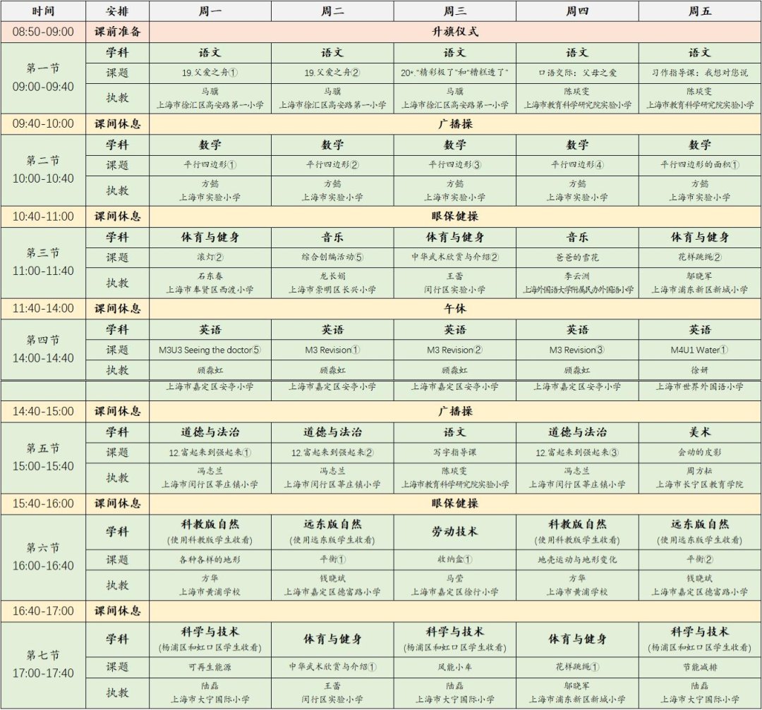 2022年11月28日-12月2日上海空中课堂课程表一览