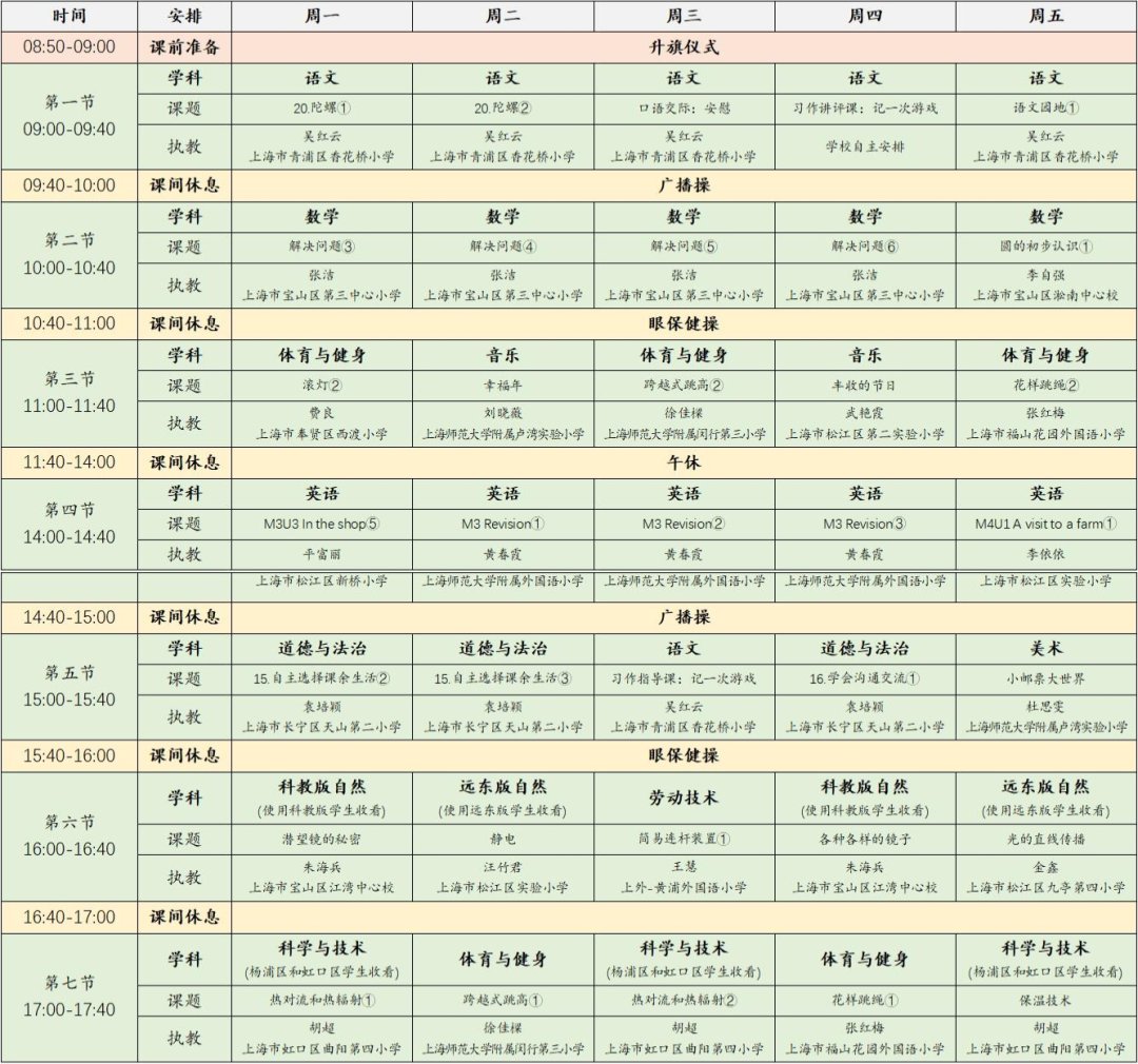 2022年11月28日-12月2日上海空中课堂课程表一览