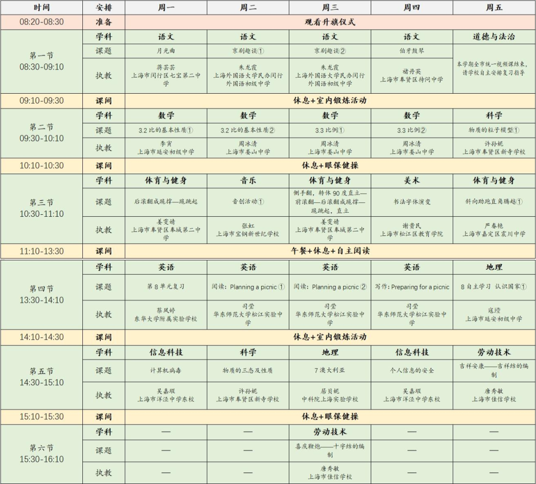 2022年11月28日-12月2日上海空中课堂课程表一览