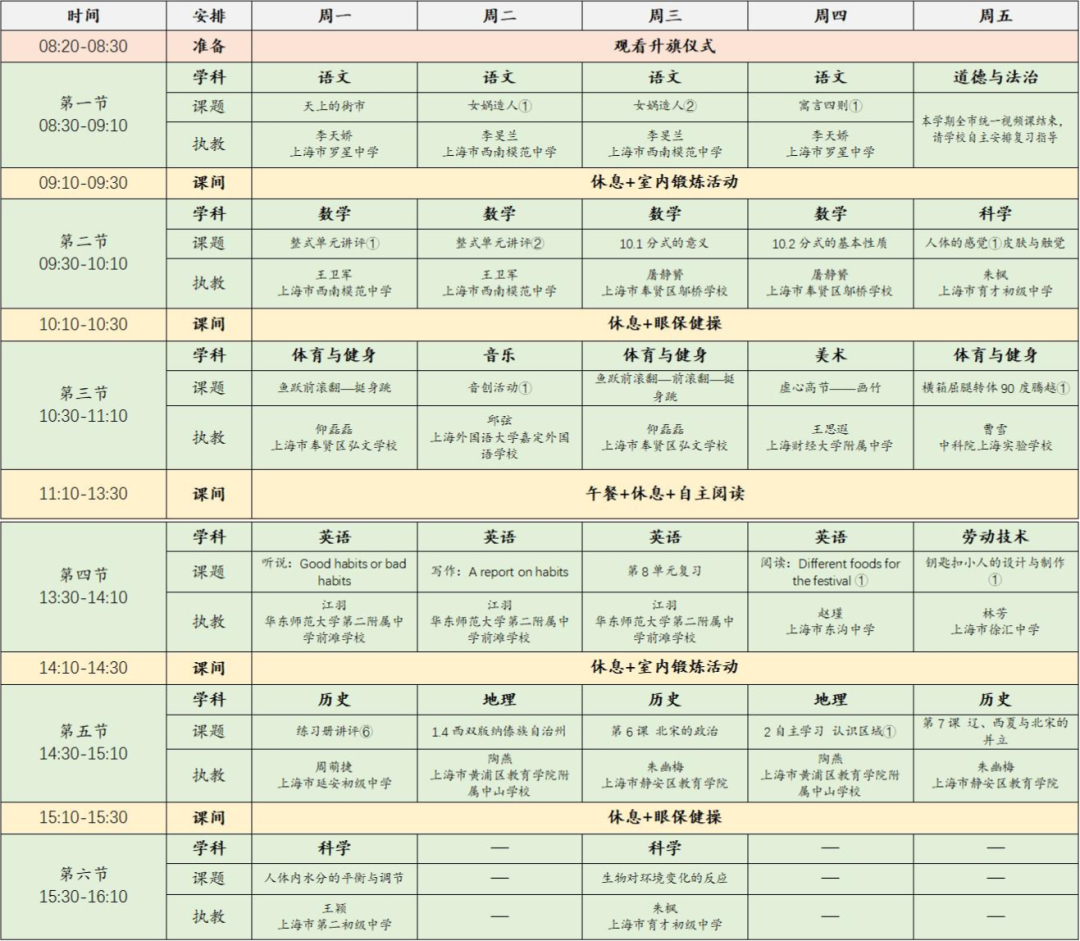 2022年11月28日-12月2日上海空中课堂课程表一览