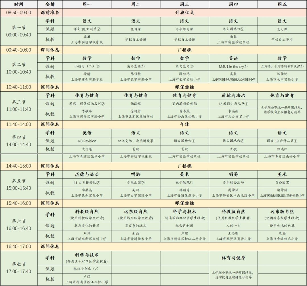 2022年11月28日-12月2日上海空中课堂课程表一览