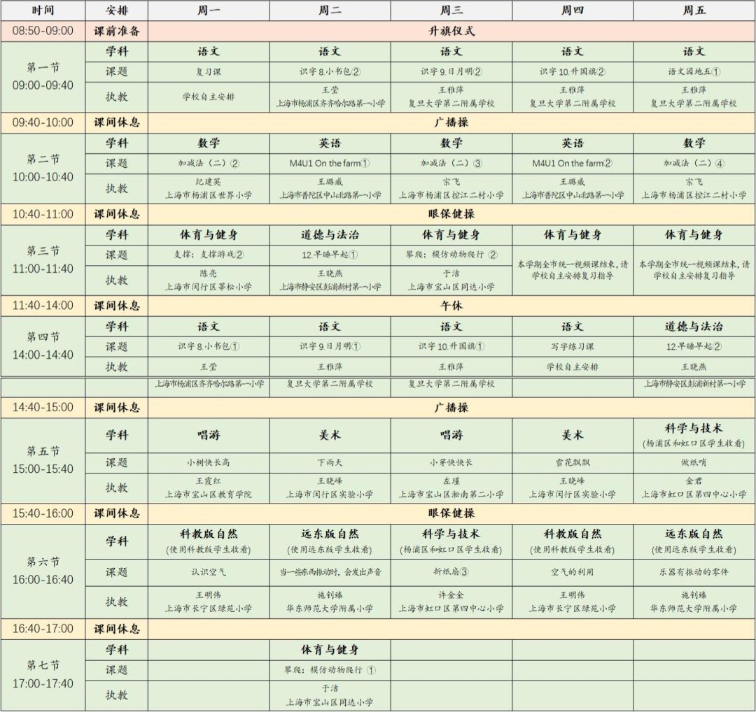 2022年11月28日-12月2日上海空中课堂课程表一览