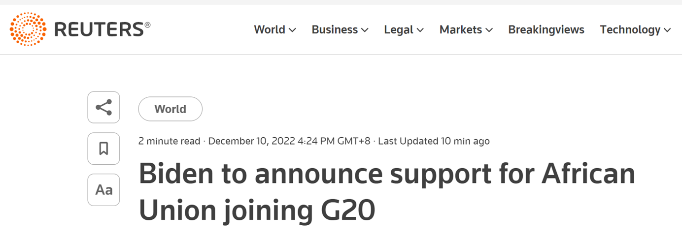 白宫高官：拜登将于下周宣布美国支持非洲联盟加入G20