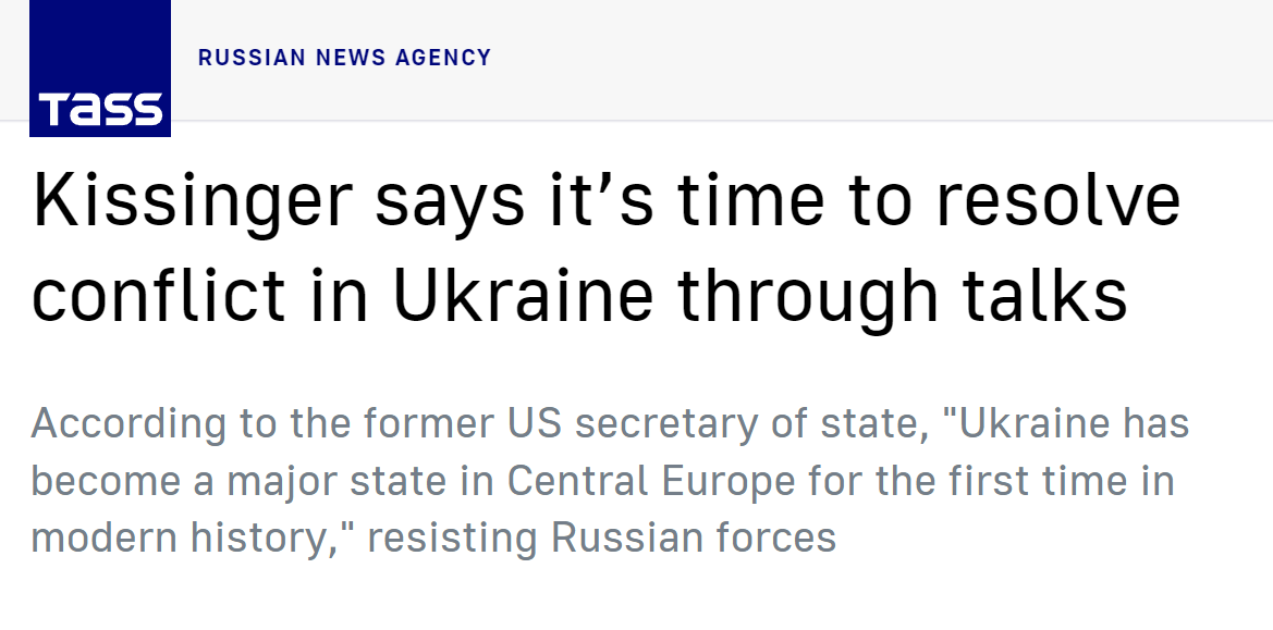 基辛格撰文称“是时候谈判解决俄乌冲突”，克宫：普京渴望仔细阅读