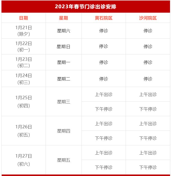 南方医科大学南方医院白云分院2023春节出诊安排