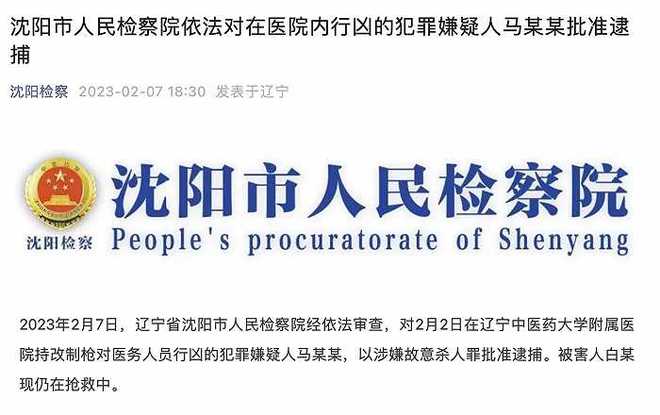 沈阳市人民检察院依法对在医院内行凶的犯罪嫌疑人马某某批准逮捕