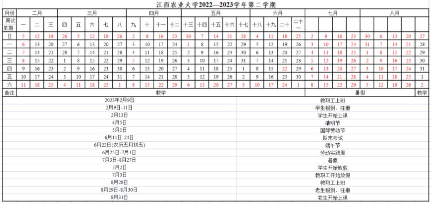 江西农业大学新生开学时间2021 2023年春季学期江西农业大学校历