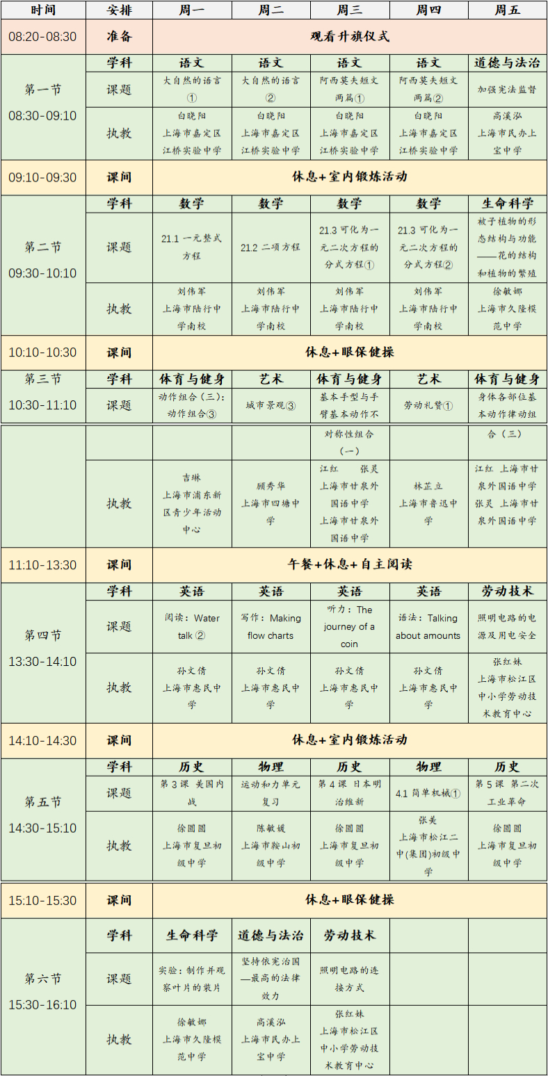 2023年3月6日-10日上海空中课堂课程表一览