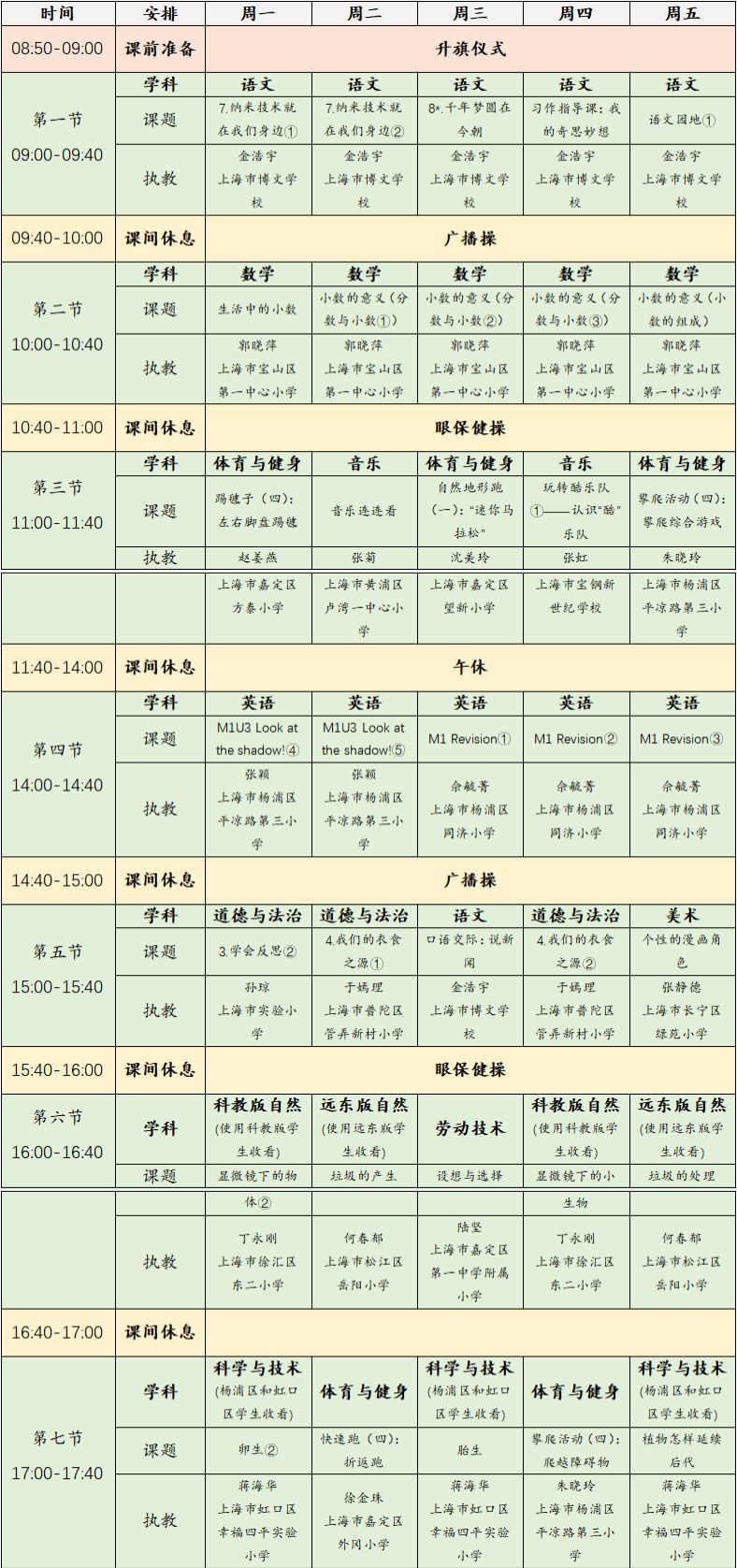 2023年3月6日-10日上海空中课堂课程表一览