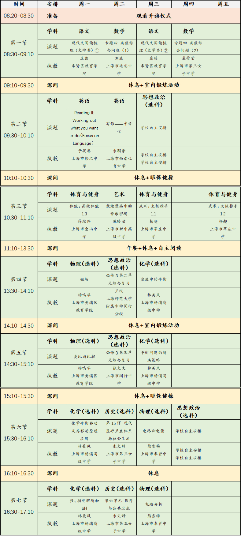 2023年3月6日-10日上海空中课堂课程表一览