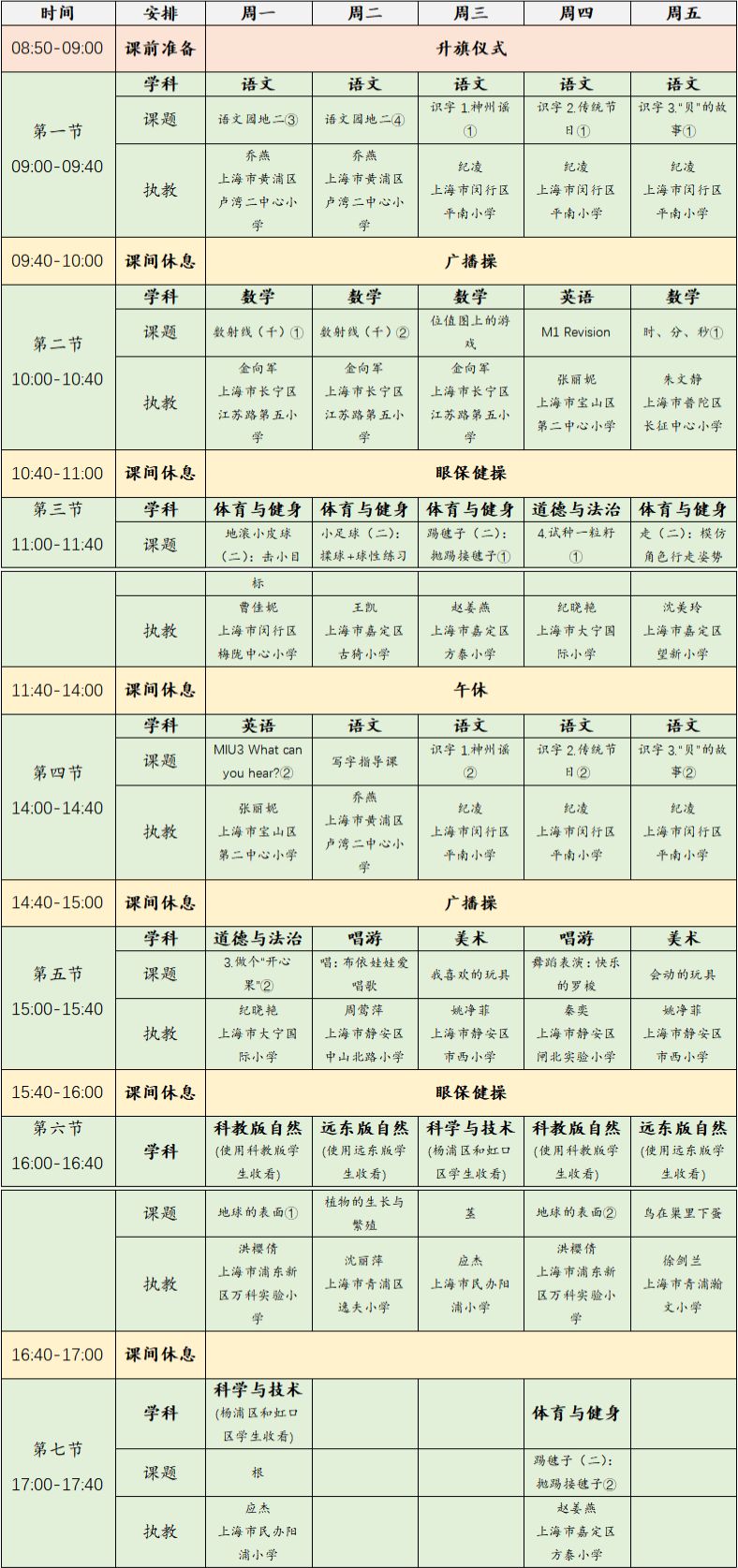 2023年3月6日-10日上海空中课堂课程表一览