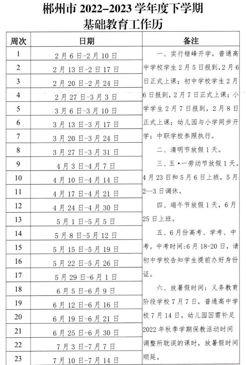 郴州2022-2023学年度下学期时间安排 郴州2021年寒假中小学放假时间表