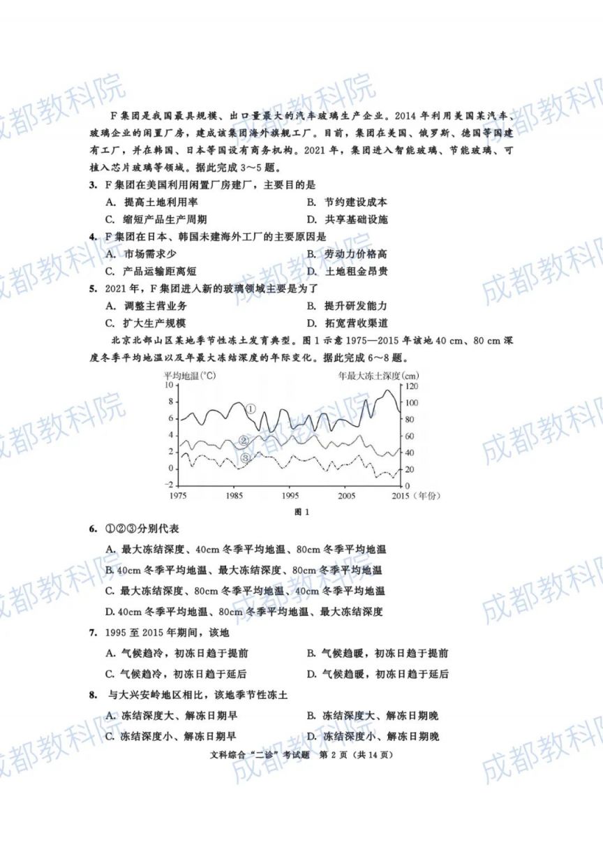 成都二诊文综试卷及答案2022 成都二诊文综试卷及答案2023