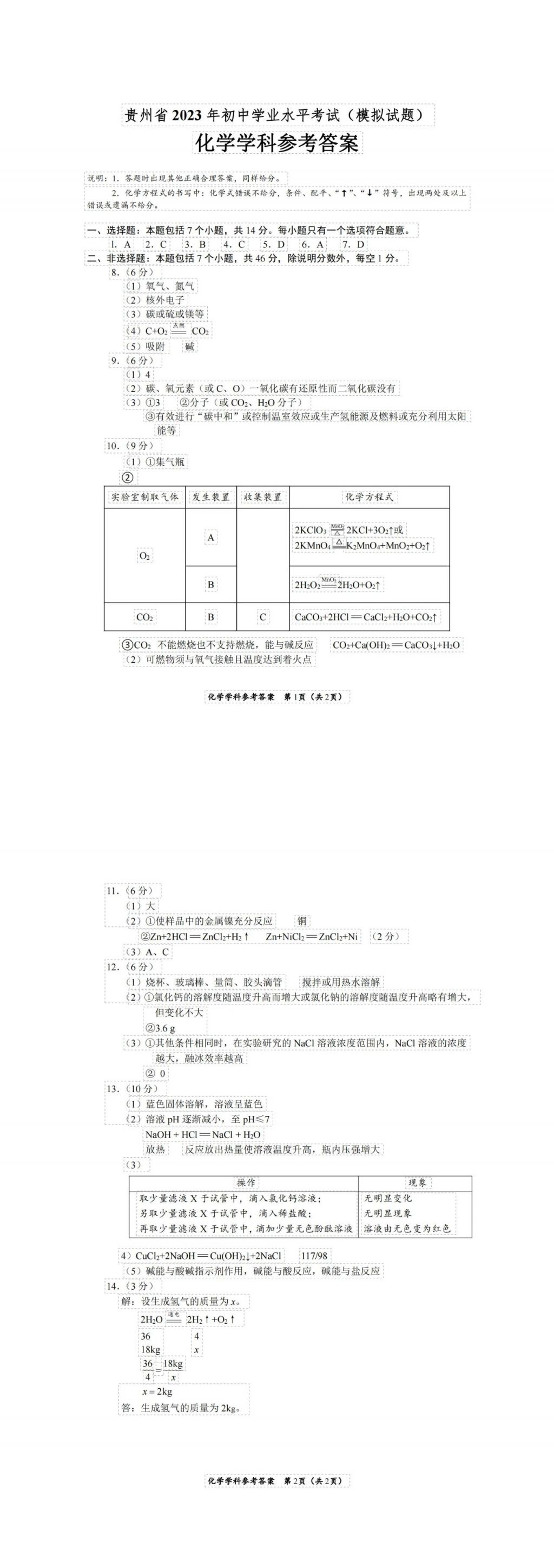 完整版 贵州2023普通高校招生适应性测试参考答案