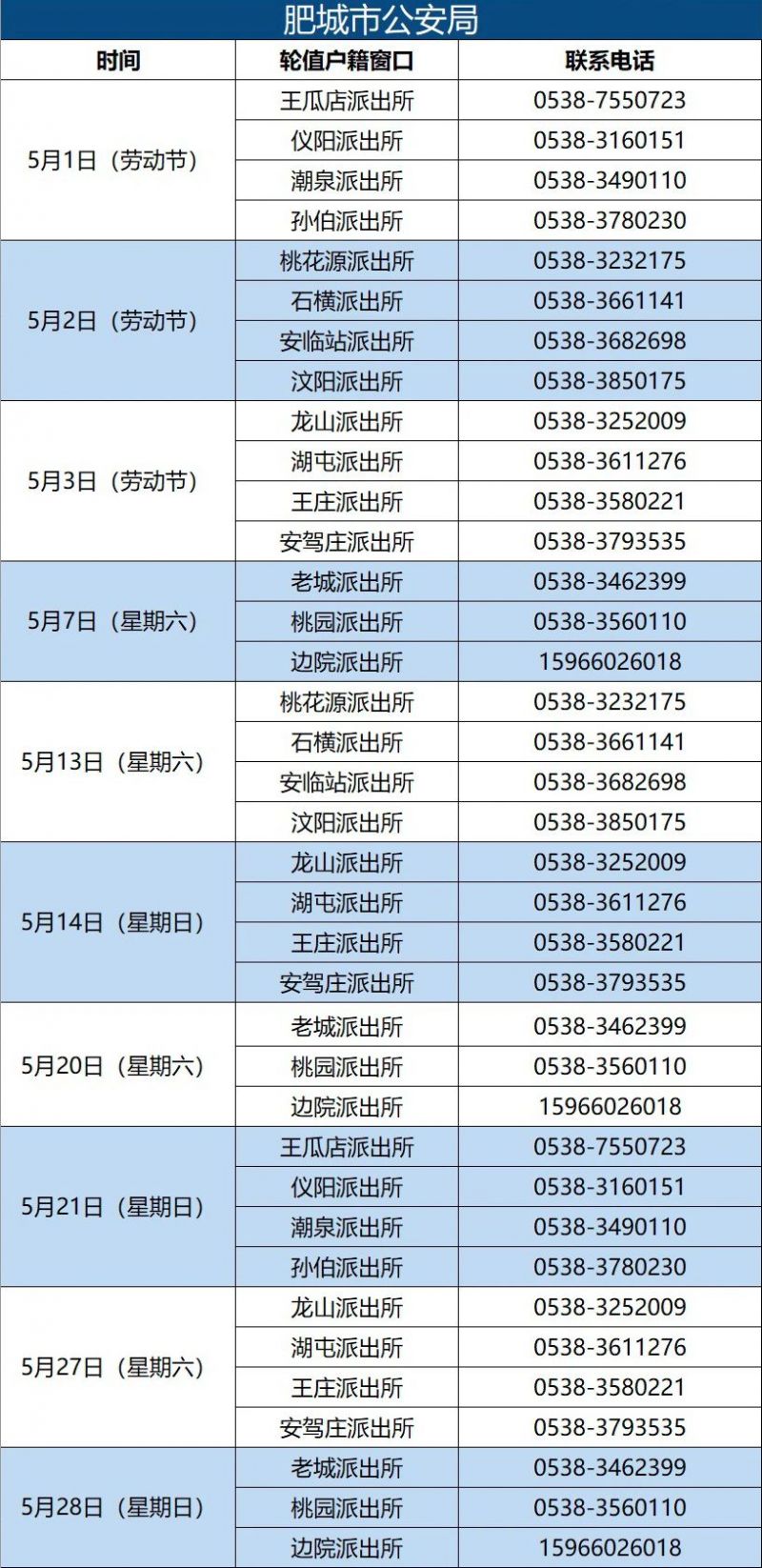 泰安公安机关户籍窗口五月份周末值班表