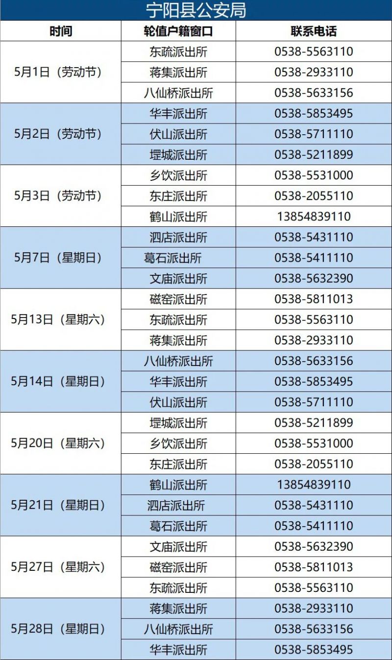 泰安公安机关户籍窗口五月份周末值班表