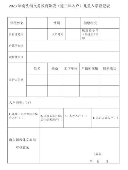 2023南头镇义务教育近三年入户儿童入学登记表