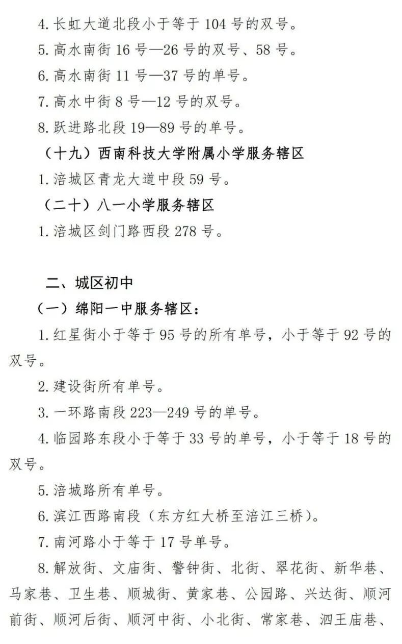 2023绵阳涪城区公办义务教育学校划片范围