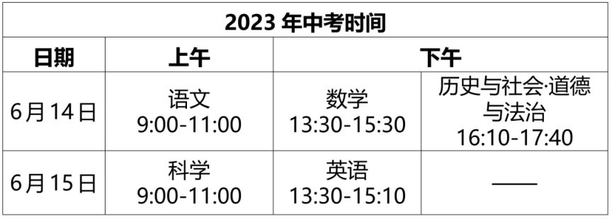 2023年义乌市中考时间+各科目时间安排表