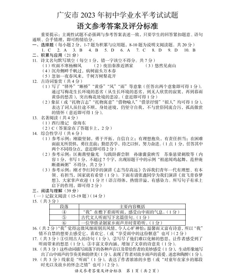 广安市2021年中考测试题 2023广安中考试题及参考答案