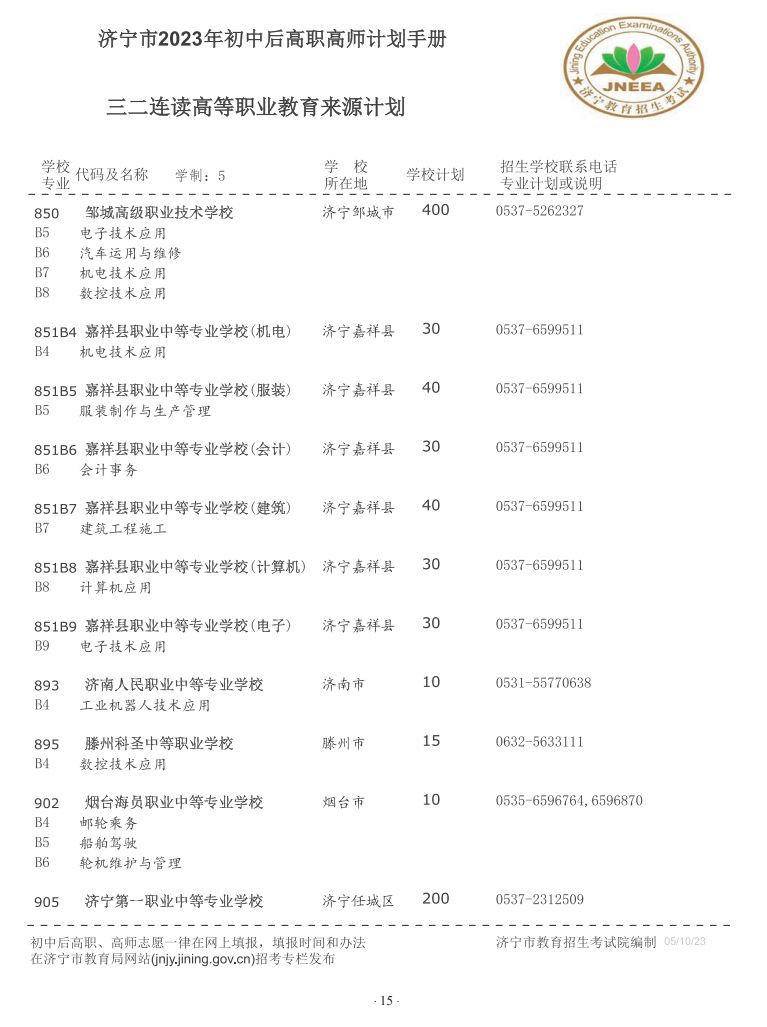 2023济宁市初中后高职高师招生学校+专业+计划+电话