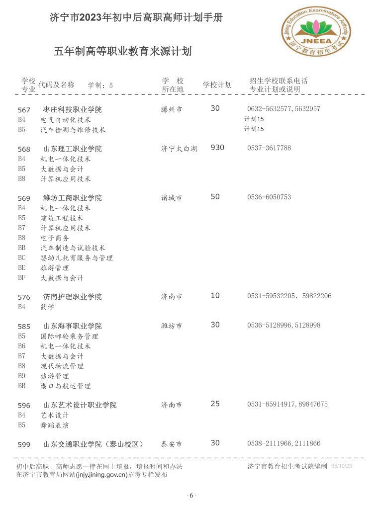 2023济宁市初中后高职高师招生学校+专业+计划+电话