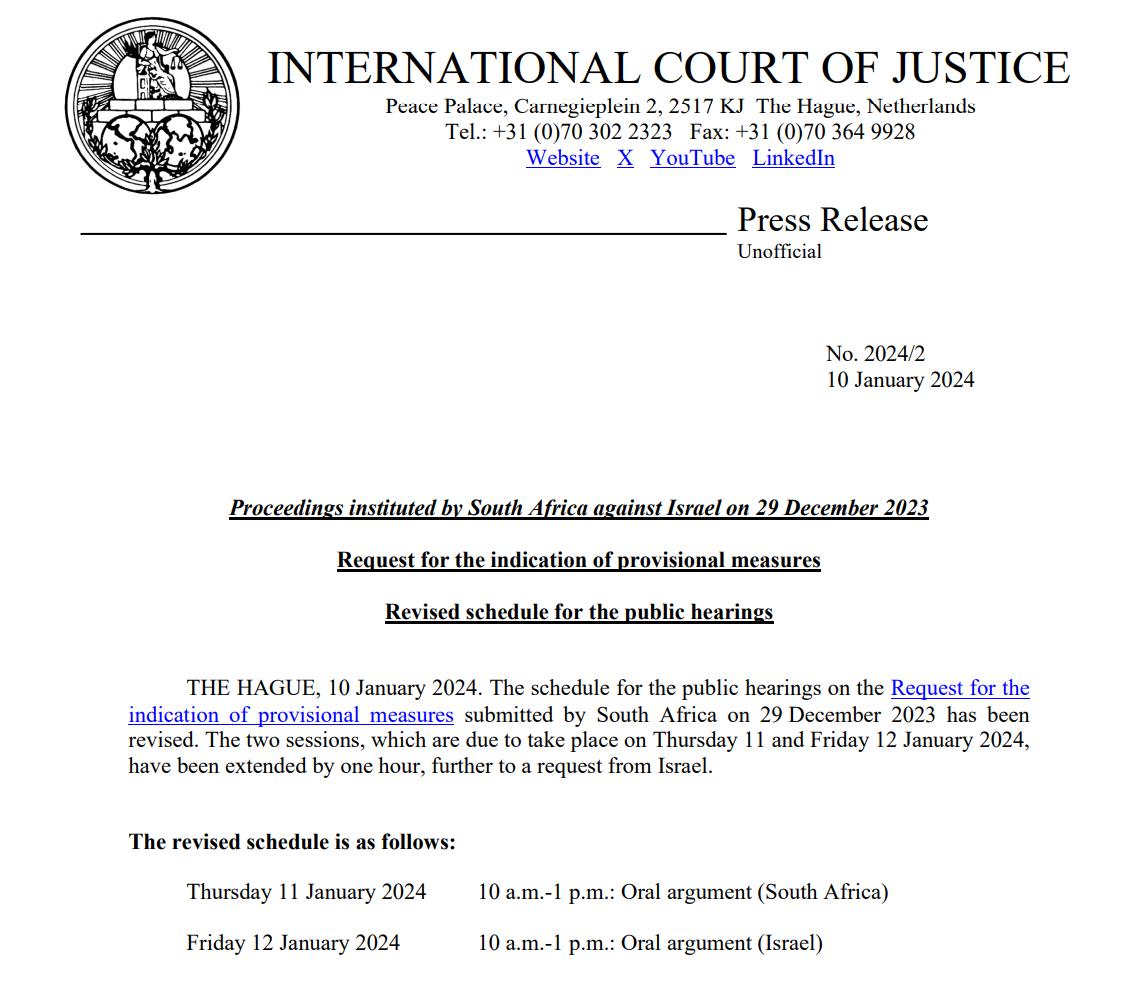 国际法院开审南非诉以色列“种族灭绝”案 能否获得临时禁令成焦点