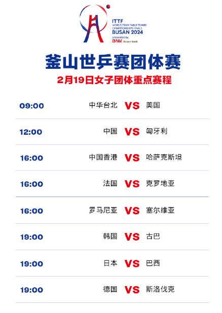 2024釜山世乒赛女团赛程直播时间表2月19日 今天中国vs匈牙利比赛时间