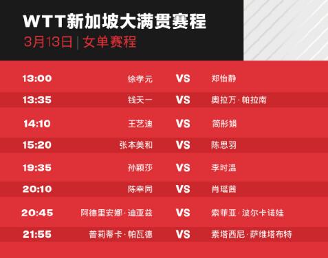 WTT新加坡大满贯赛程直播时间表3月13日 女单1/16决赛比赛对阵名单