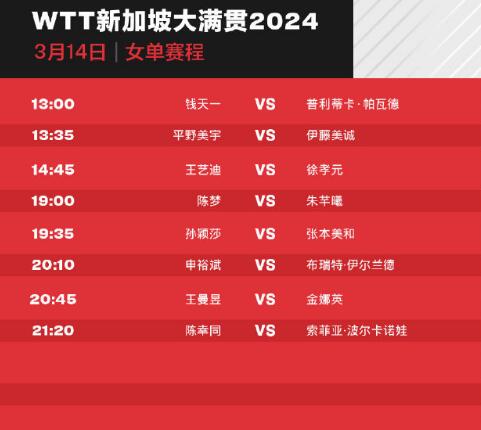 WTT新加坡大满贯女单赛程直播时间表3月14日 今天国乒比赛对阵名单