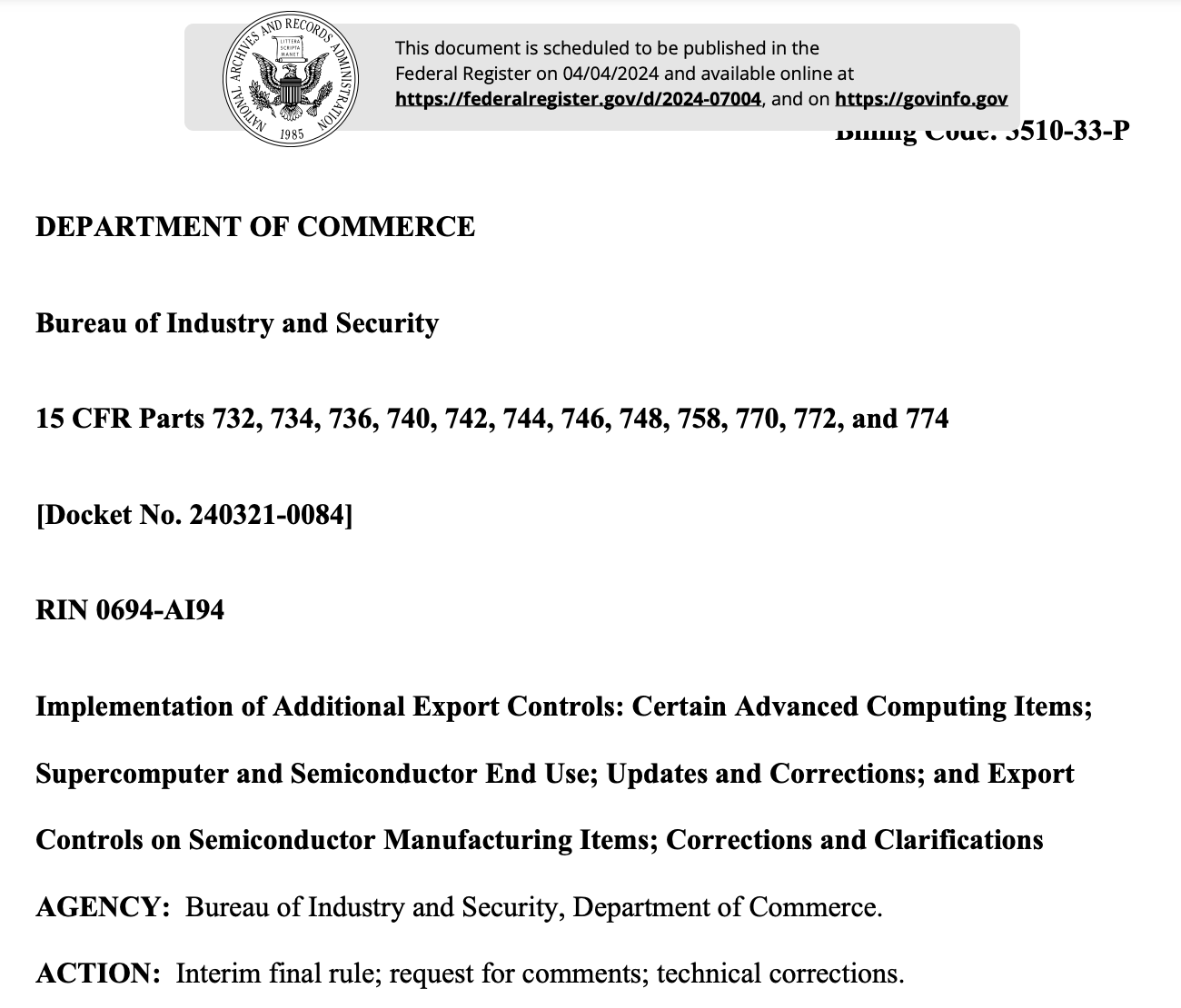 美国修订对华半导体出口管制令，拟于4月4日生效